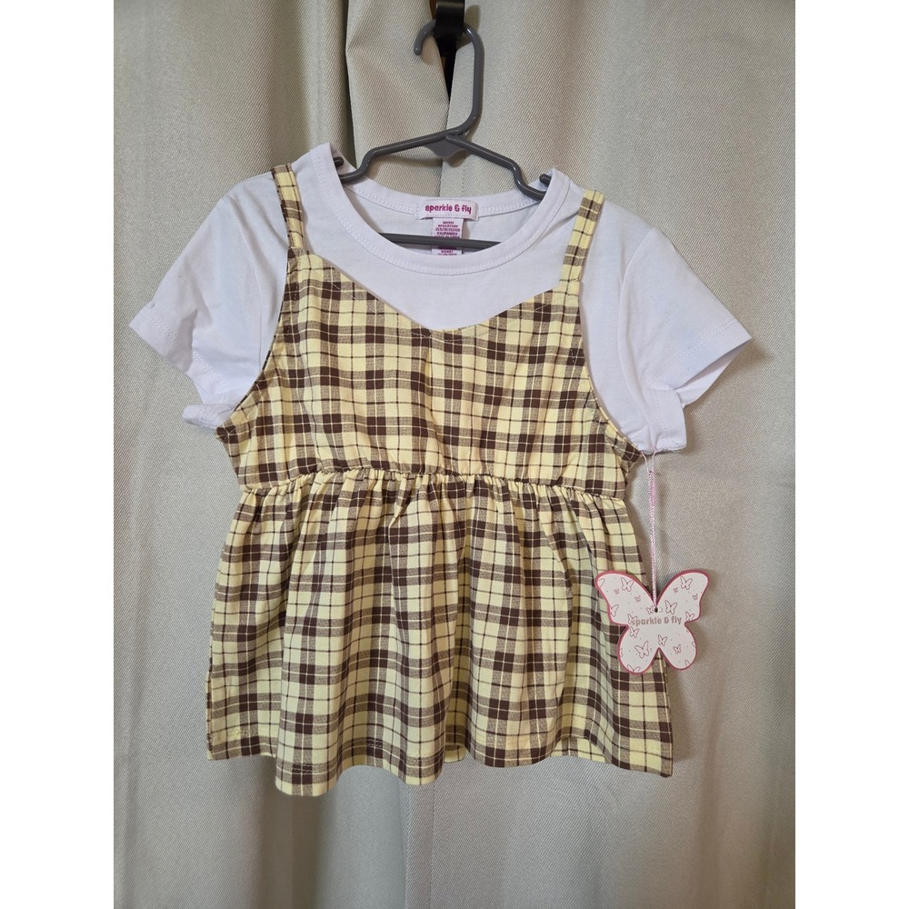 Sparkle & Fly Girls Plaid Layered Look One Piece Shirt Top Yellow Brown Size M10